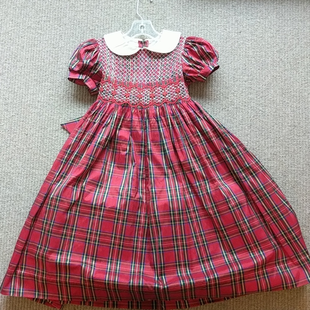 GIRLS RED PLAID SILK DRESS - SMOCKED BODICE